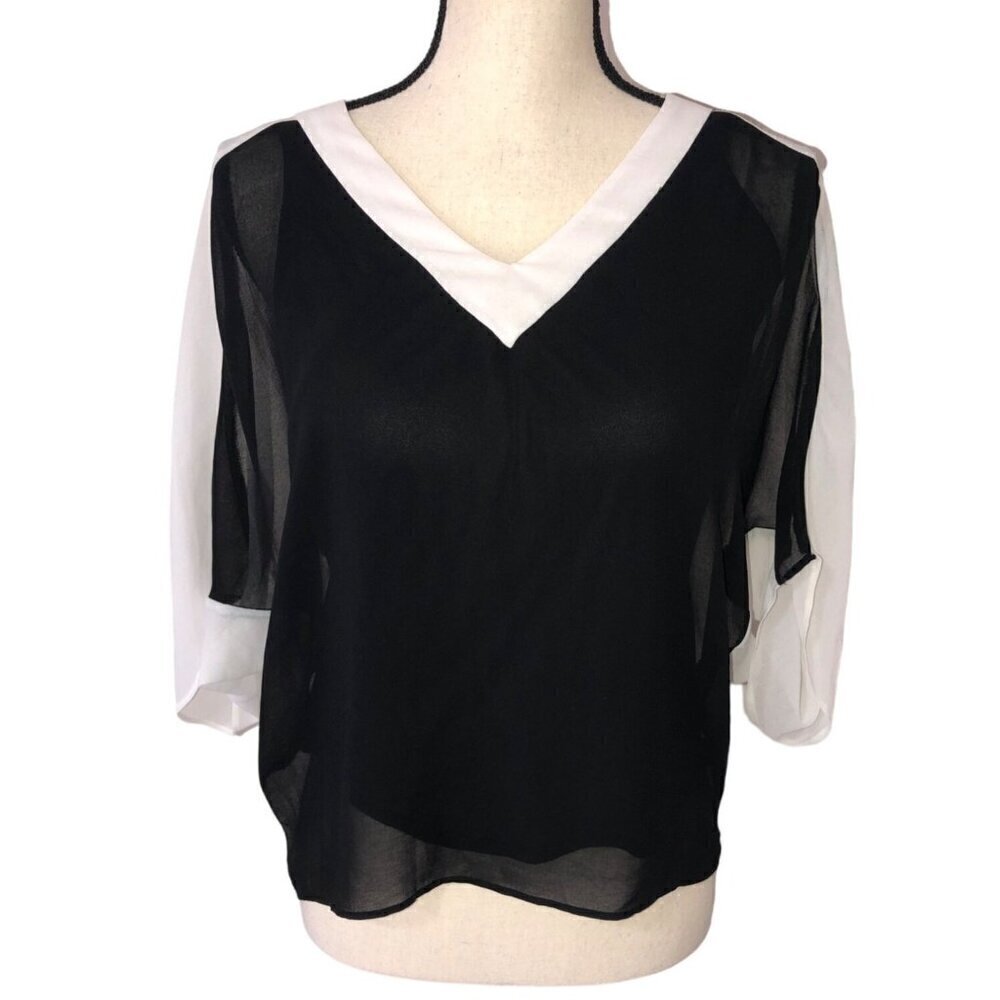 Philosophy Womens Top Size XS Sheer Layered Black White Short Sleeve Dolman